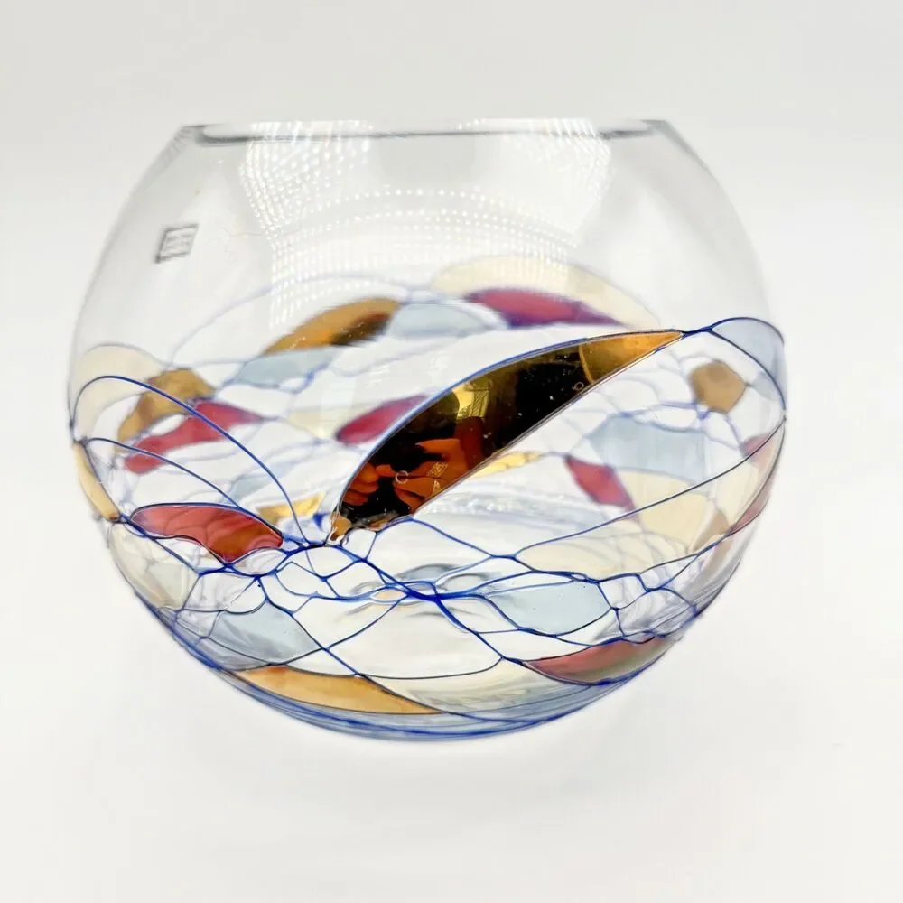 Romanian Mosaic Stained Glass Hand Blown Crystal Fish Bowl Round Vase Swirl 6”